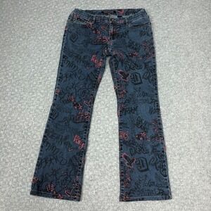 DKNY Jeans Pants Womens 11 Blue Graffiti Print Low Rise Bootcut Stretch Denim